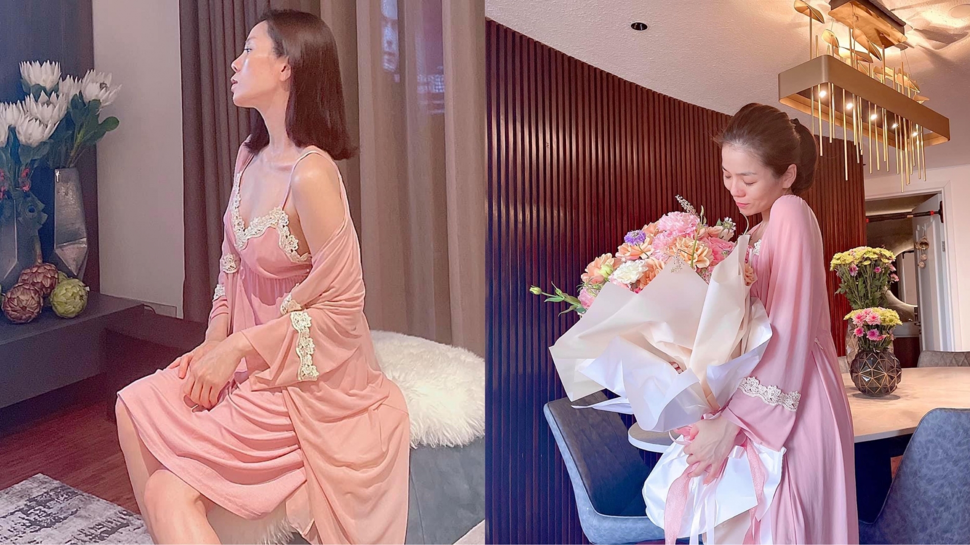 Một mực khẳng định không hề thích màu hồng nhưng đến chiếc váy ngủ của 'chị đẹp' U40 cũng không thể thiếu gam màu này.