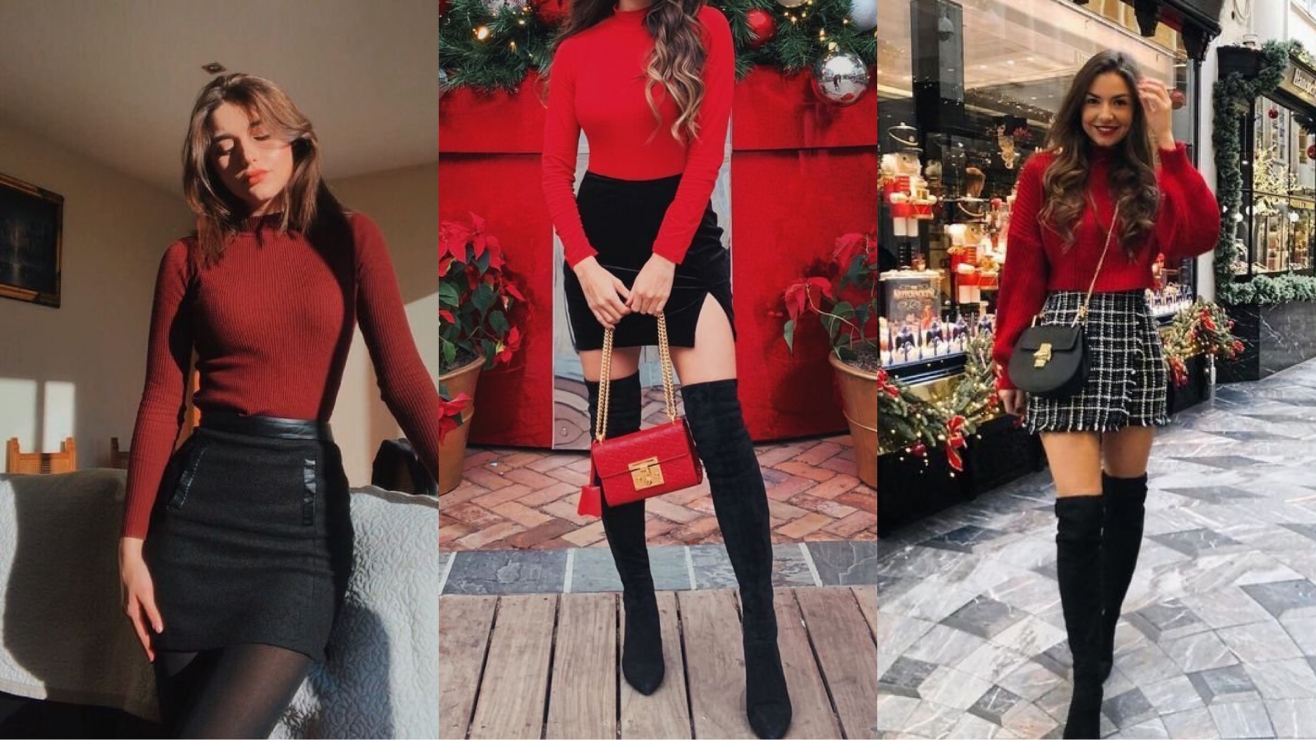 Giáng sinh năm nay, bạn hãy biến mình thành một quý cô sành điệu và nổi bật với combo áo len đỏ, chân váy ngắn và boots cao gối. Bạn có thể chọn chân váy đen đơn giản hoặc chân váy caro trông thật trẻ trung nhé.