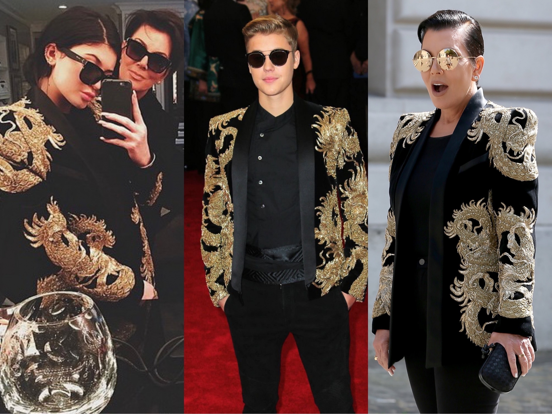 Một trong những màn 'đụng hàng' huyền thoại phải kể đến chiếc áo blazer của Balmain được 'lăng xê' bởi Justin Bieber và mẹ con Kris Jenner - Kylie Jenner. Tuy nhiên, bà mẹ nổi tiếng vẫn 'lấn át' lớp trẻ nhờ thần thái cực cool ngầu của mình.