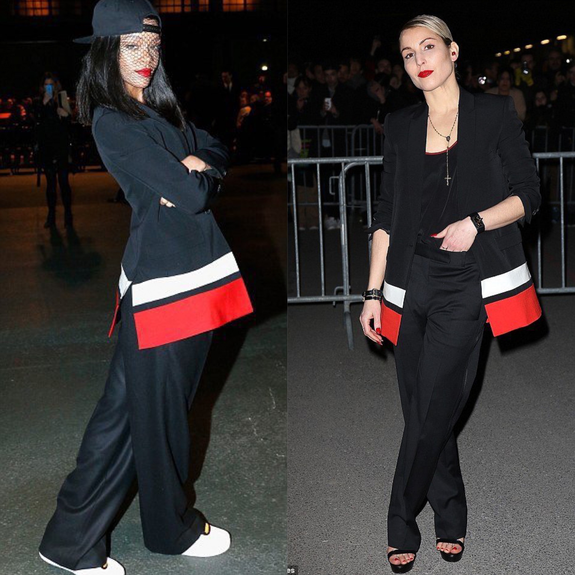 Cùng tham dự show diễn của nhà mốt Givenchy, Rihanna và Noomi Rapace gây bất ngờ khi diện bộ suit giống nhau. Tuy nhiên, cách mix đồ của 2 người đẹp lại khác nhau và lần này phần thắng đã thuộc về Rihanna.