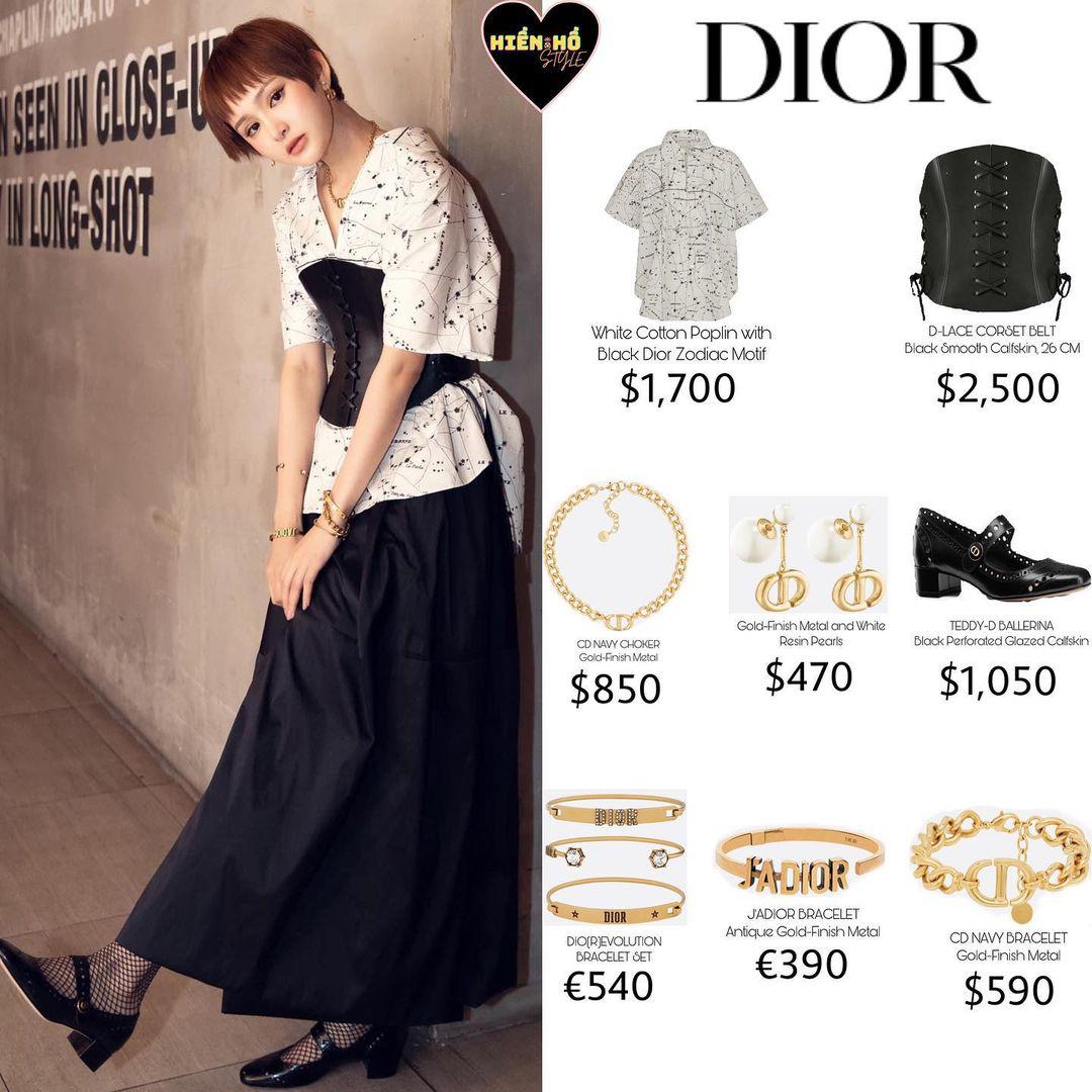 Hiền Hồ từng 'gây sốc' khi diện nguyên 1 set trang phục và phụ kiện cực sang chảnh của Dior trong buổi ra mắt MV. Nhẩm tính sương sương cũng thấy outfit của cô nàng có giá lên tới hơn 00 (~187 triệu đồng).