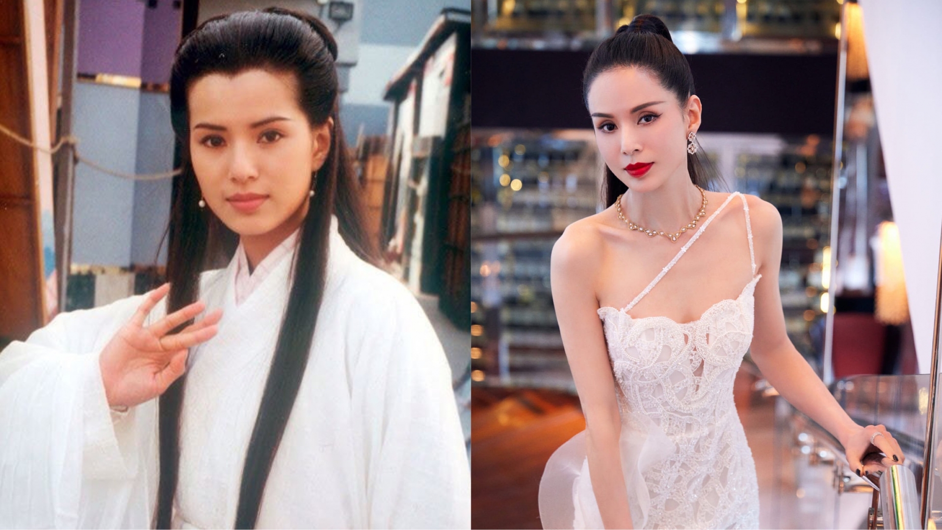 Nhan sắc Lý Nhược Đồng thời điểm năm 1995 (trái) và hiện tại (phải) dường như không hề có sự đổi khác. Netizen còn cho rằng vai diễn Tiểu Long Nữ 'trẻ mãi không già' dường như đã vận vào người đẹp.