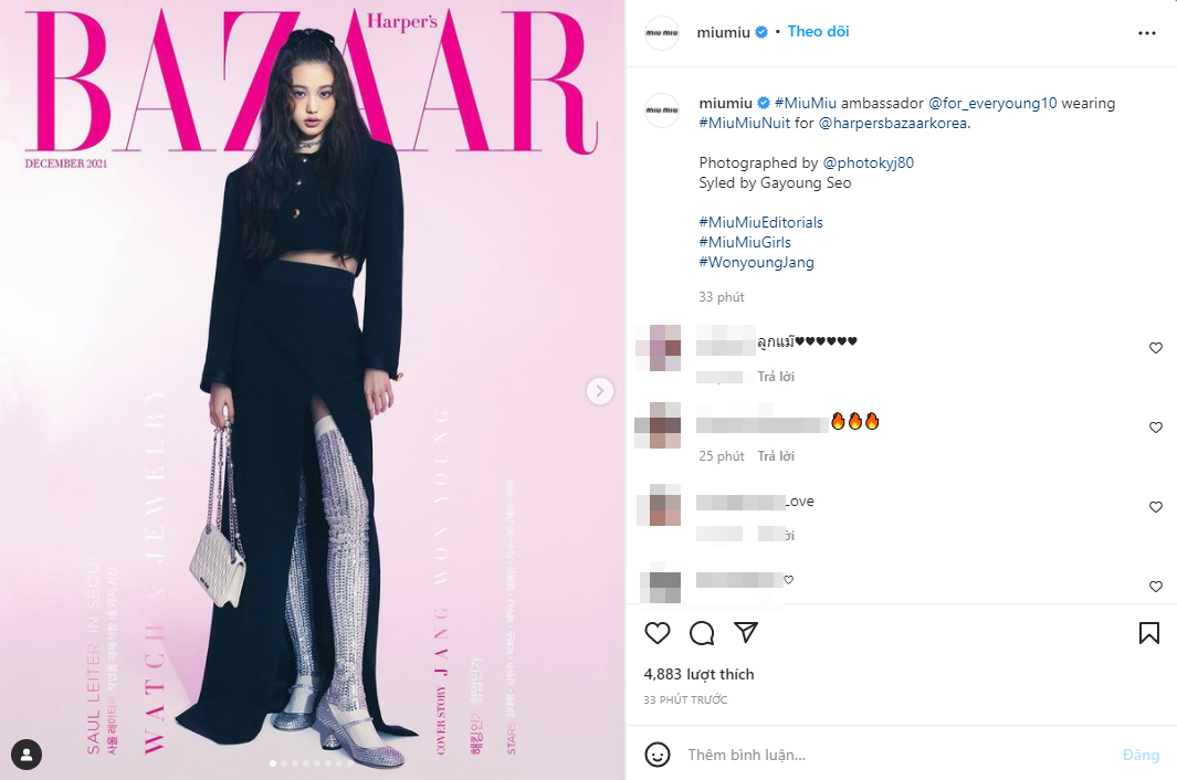 Trên tài khoản Instagram, Miu Miu đăng tải hình ảnh Jang Won Young xuất hiện trên trang bìa Harper's Bazaar Korea số tháng 11/2021 cùng dòng caption thông báo cô nàng chính là Đại sứ tiếp theo của mình.