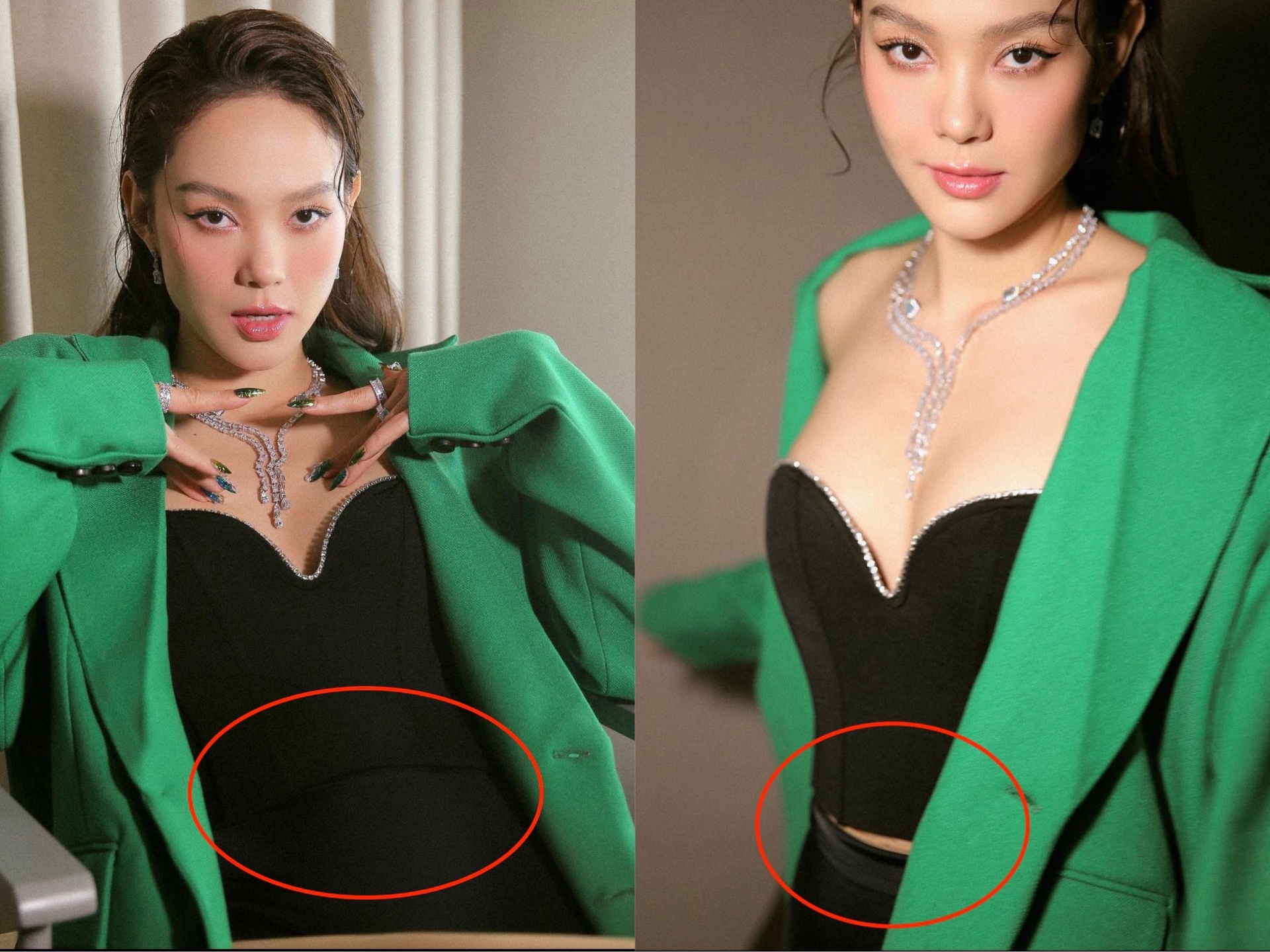 Dù 'lên đồ' sang chảnh nhưng ở một số góc chụp, Minh Hằng để lộ vòng eo có phần hơi to hơn bình thường khiến netizen khá bất ngờ.