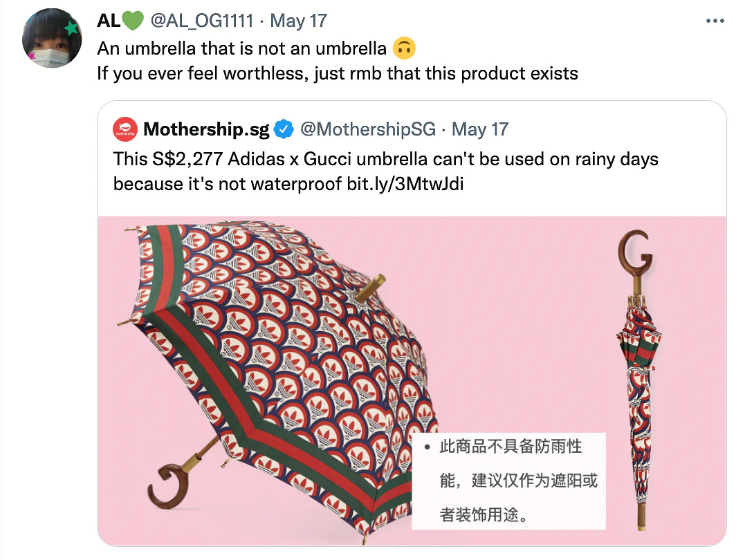 Gucci bị chỉ trích tại Trung Quốc vì bán chiếc ô 38 triệu nhưng không thể sử dụng như ô bình thường - Ảnh 1