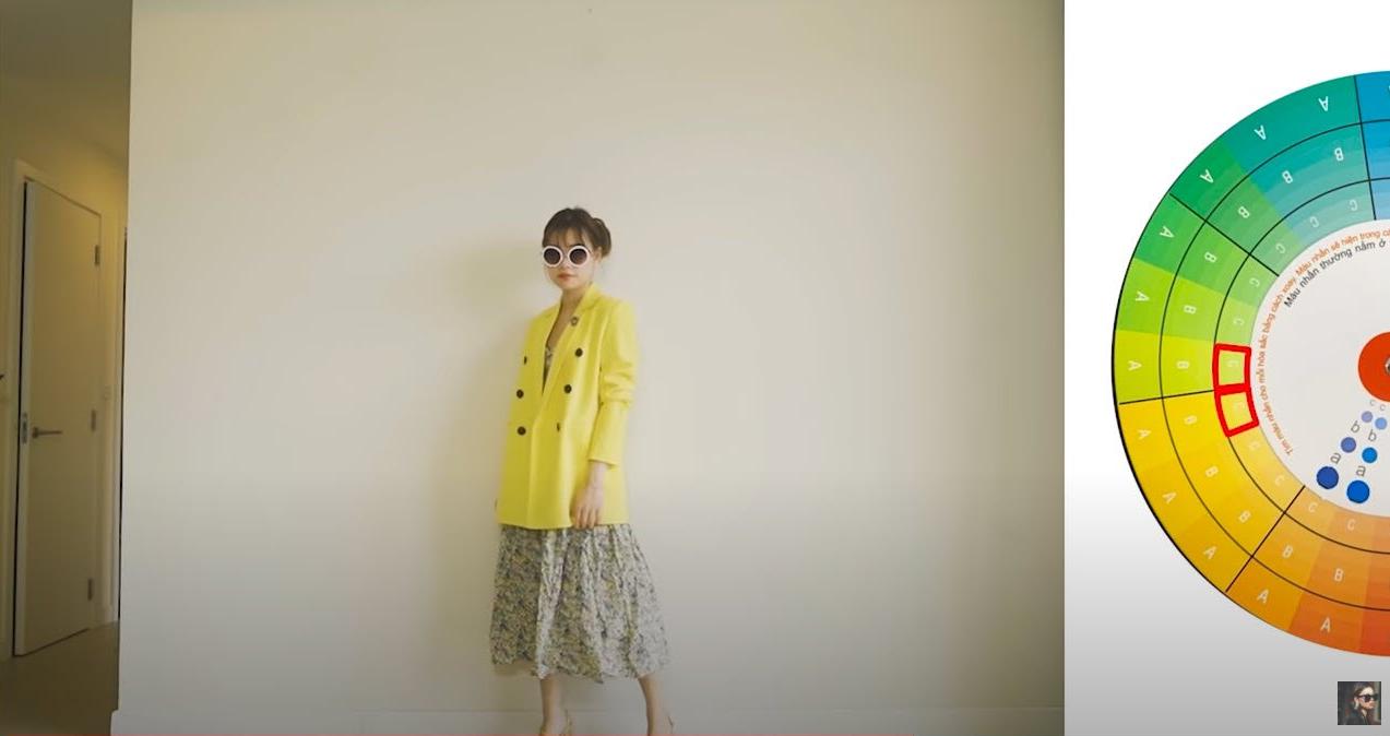 Stylist Bim Nguyễn phối một chiếc váy hoa nhí có màu xanh ngả vàng, kết hợp với blazer màu vàng tươi