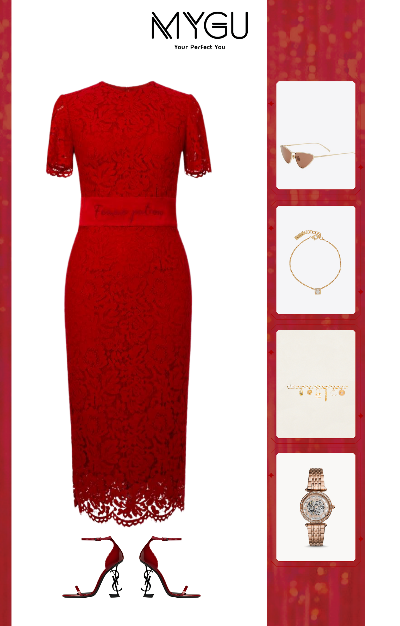 Váy bodycon ren đỏ thương hiệu Lê Kiều kết hợp sandals cao gót và phụ kiện kim loại ánh vàng là một bản phối vừa quyến rũ, vừa sang trọng.