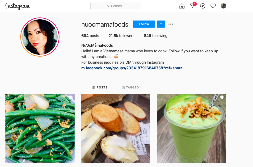 Tài khoản instagram tên “nuocmamafoods” chuyên đăng tải các món ăn truyền thống Việt với bạn bè quốc tế. 