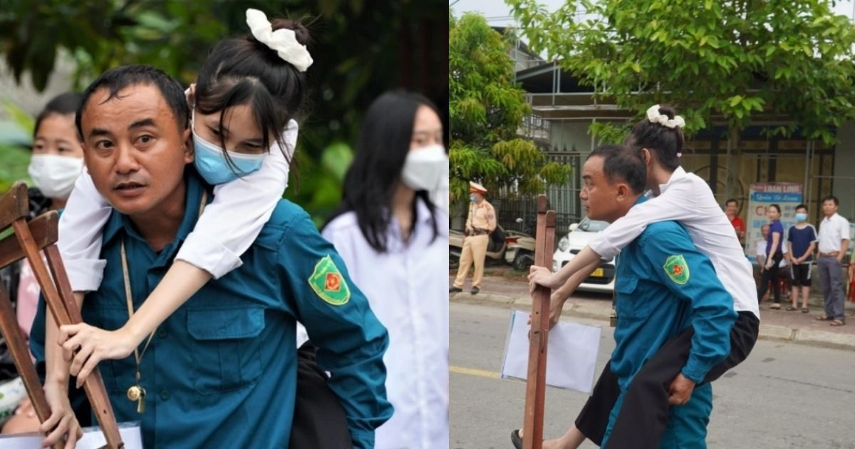 Xúc động hình ảnh bố cõng con gái đi thi THPT Quốc gia 2022