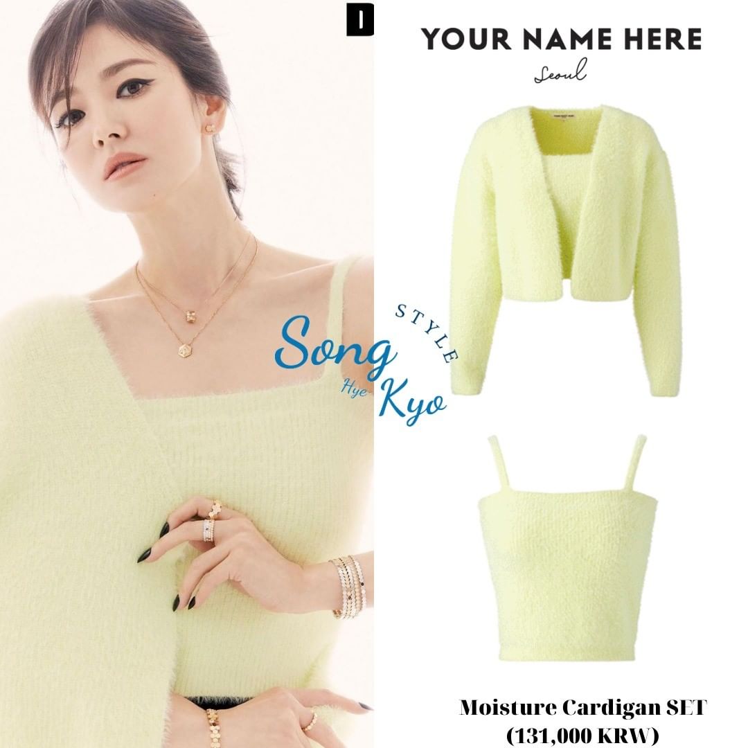Tuy có thiết kế na ná nhau nhưng combo áo khoác + áo hai dây mà Song Hye Kyo lựa chọn đến từ thương hiệu Your Name có giá trị khoảng 21 triệu đồng.