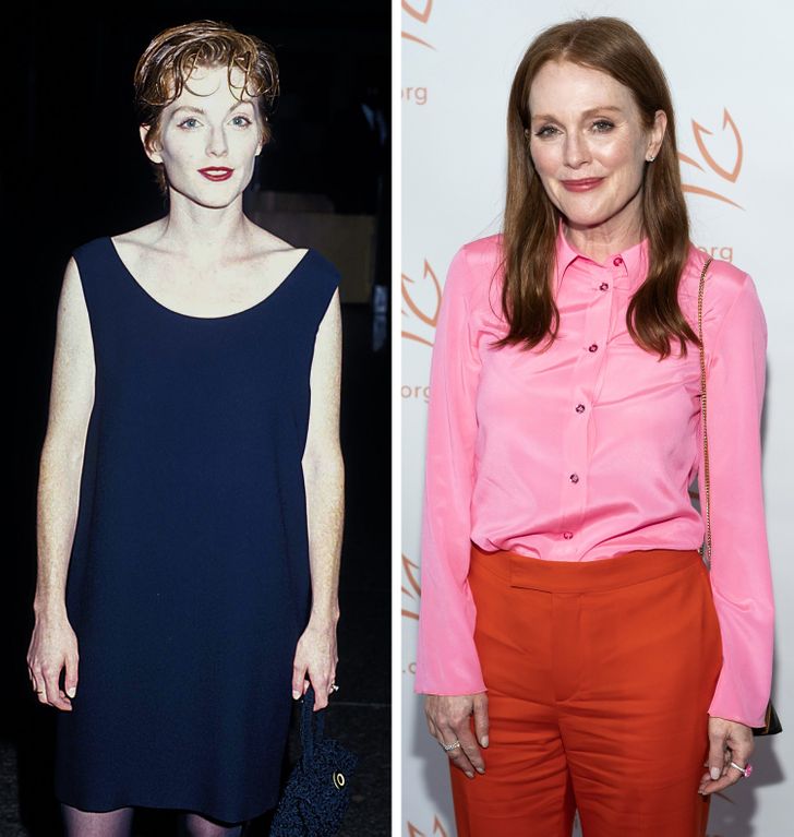 Julianne Moore năm 1991 chọn một chiếc váy trơn màu khi lên thảm đỏ và gây ấn tượng bằng đôi môi đỏ rực. Năm 2021, nữ diễn viên hoàn toàn ngược lại với trang phục colour block và trang điểm hết sức tối giản.