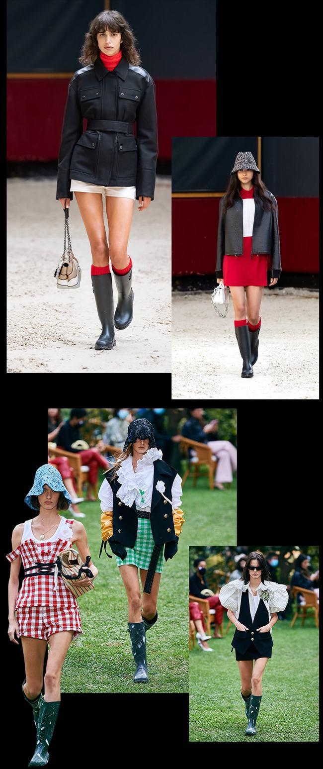 Longchamp và Philosophy By Lorenzo Serafini khẳng định tính toàn năng của boots đi mưa. Dù là phong cách Pháp cổ điển, hay sự kết hợp lộng lẫy giữa áo khoác da và sơ mi cổ bẻ, cổ lá sen, boots đi mưa dài đều rất phù hợp.