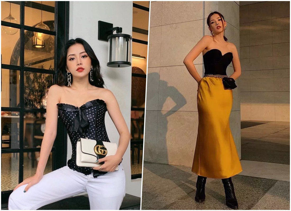 Chi Pu là mỹ nhân rất nhạy trong việc bắt trend thời trang, cô nàng lựa chọn kiểu corset cúp ngực mặc chung với quần skinny jean và váy suông.