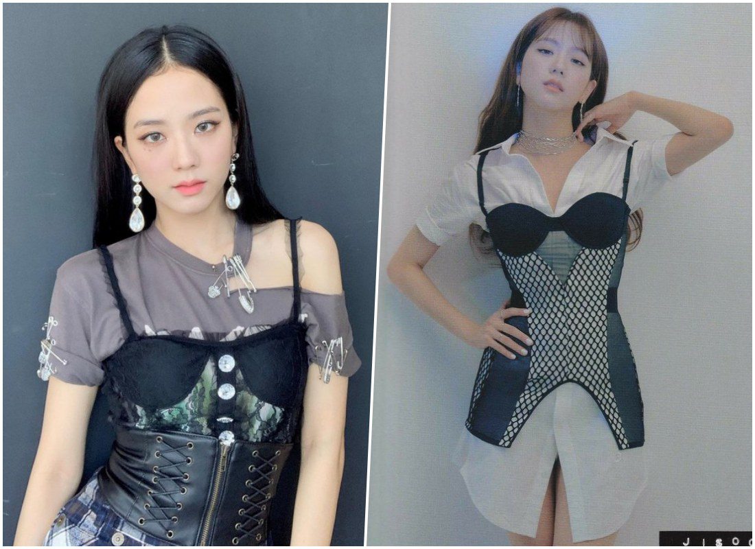 Là idol Kpop theo đuổi hình tượng nữ tính, trẻ trung nên Jisoo của BLACKPINK cũng không ngại sử dụng corset trong cách trang phục biểu diễn. Cô thoải mái mix item này với áo phông rách vai và sơ mi trắng.