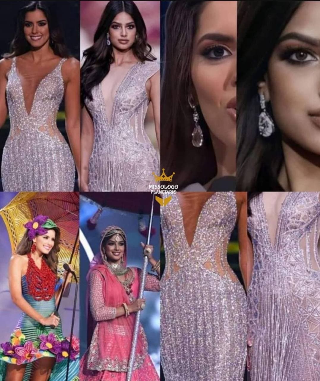 Trang Missology đã chỉ ra những điểm tương đồng bất ngờ giữa 2 Hoa hậu Hoàn vũ Harnaaz Sandhu và Paulina Vega. Bên cạnh váy áo giống nhau, màn sử dụng ô khi trình diễn quốc phục cũng tương đồng bất ngờ.