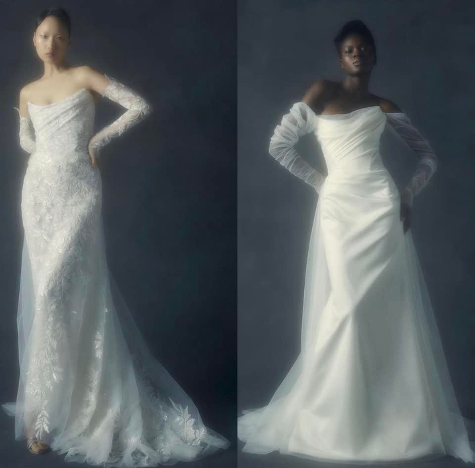 Nữ tính hơn, bạn có thể lựa chọn những chiếc váy cưới trễ vai với chất liệu voan đơn giản mà sang trọng thế này.