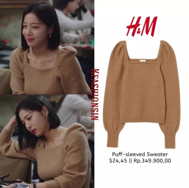 Hoá thân vào con nhà tài phiệt nhưng Jin Young Seo vẫn thoải mái mặc những item bình dân như chiếc áo len màu be tay bồng từ thương hiệu H&M này chỉ có giá khoảng hơn 500 ngàn đồng.
