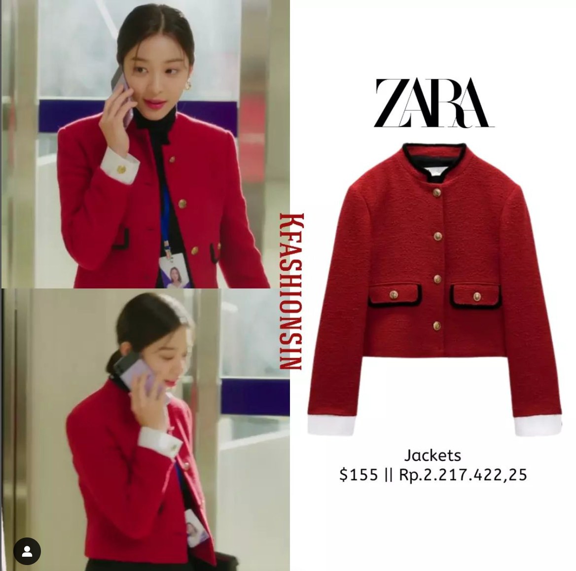 Với áo khoác lửng, Jin Young Seo chọn màu đỏ nổi bật và kết hợp với áo cổ lọ màu đen và quần âu. Chiếc áo khoác này cũng có giá hết sức bình dân, đến từ thương hiệu Zara.