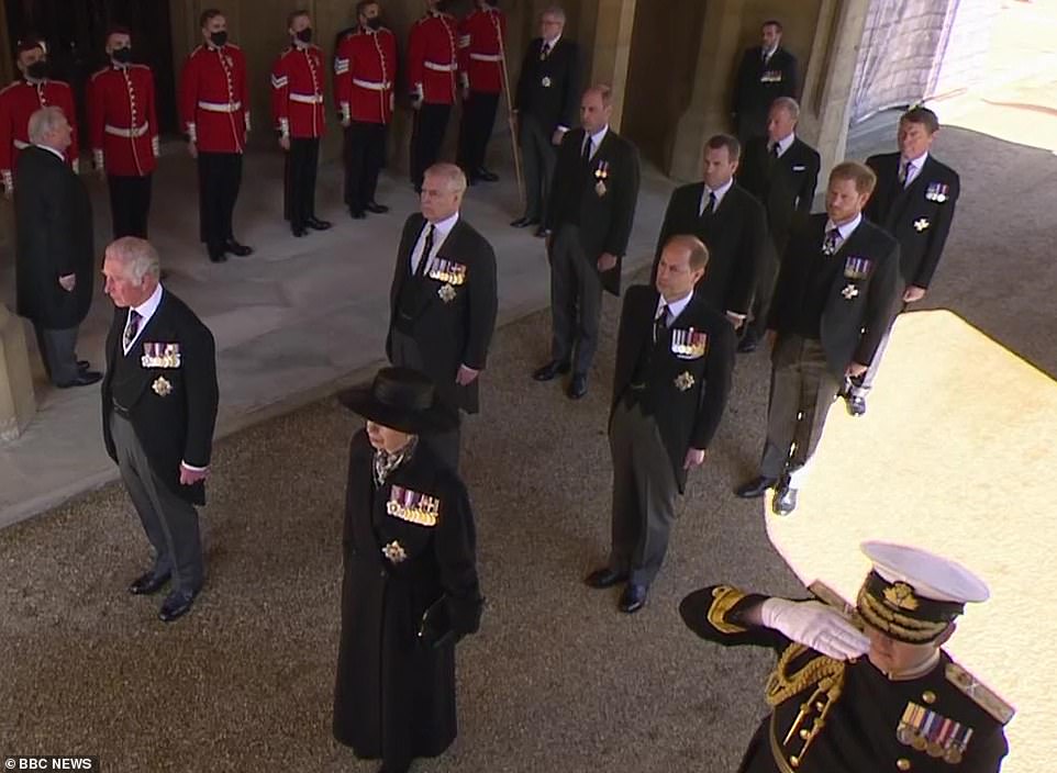 (Hàng trước, từ trái sang) Thái tử Charles, Công chúa Anne, (hàng thứ hai, từ trái sang) Hoàng tử Andrew, Hoàng tử Edward, (hàng thứ ba, từ trái sang) Hoàng tử William, Peter Phillips, Hoàng tử Harry và (hàng sau, từ trái) Bá tước của Snowdon và Sir Timothy Laurence.