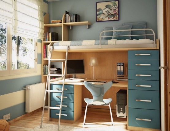 Cũng sử dụng tông màu xanh dương, nhưng căn phòng này đưa phòng ngủ lên cao, còn bàn học được bố trí ở bên dưới nhằm tiết kiệm không gian.