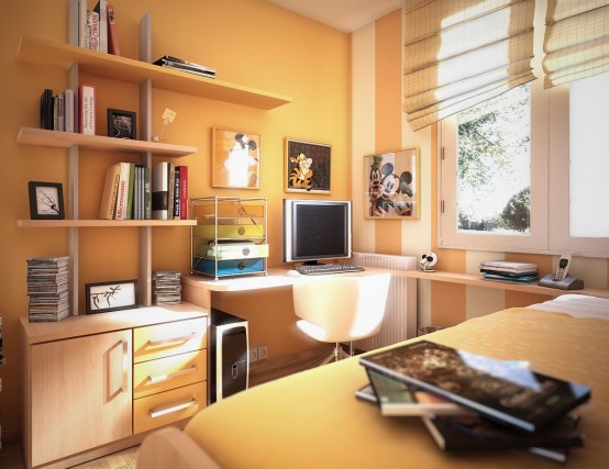 Căn phòng màu cam này được bố trí khoa học với rất nhiều không gian lưu trữ.