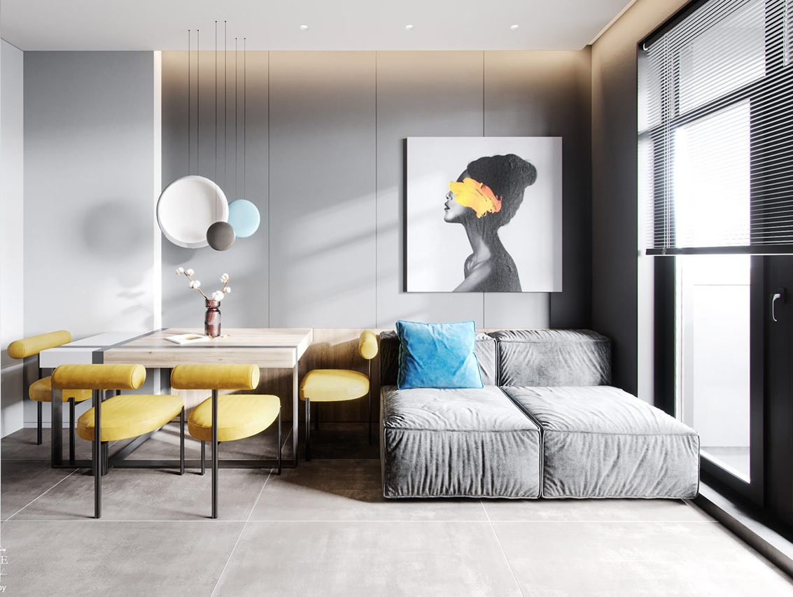 Căn hộ 85m² màu xám chủ đạo nhưng cực hút mắt nhờ nội thất xanh, vàng