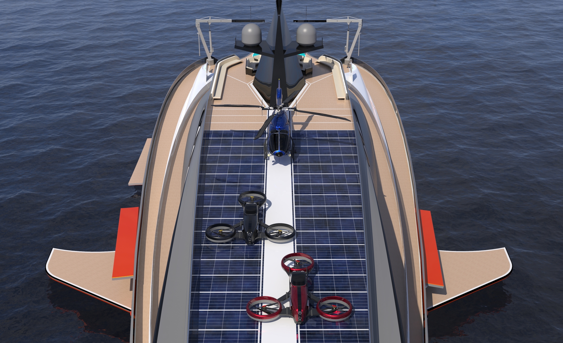 Tầng thượng của du thuyền là bãi đáp trực thăng cũng là nơi lắp những tấm năng lượng mặt trời, cung cấp điện chiếu sáng cho du thuyền.