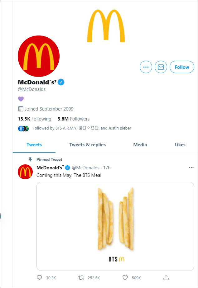 Tài khoản Twitter chính thức của McDonald's đăng tải thông tin về sự hợp tác với nhóm nhạc toàn cầu BTS.