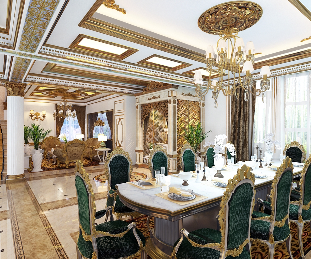 Bộ bàn ăn lớn dành cho đại gia đình cũng theo phong cách hoàng gia sang trọng.