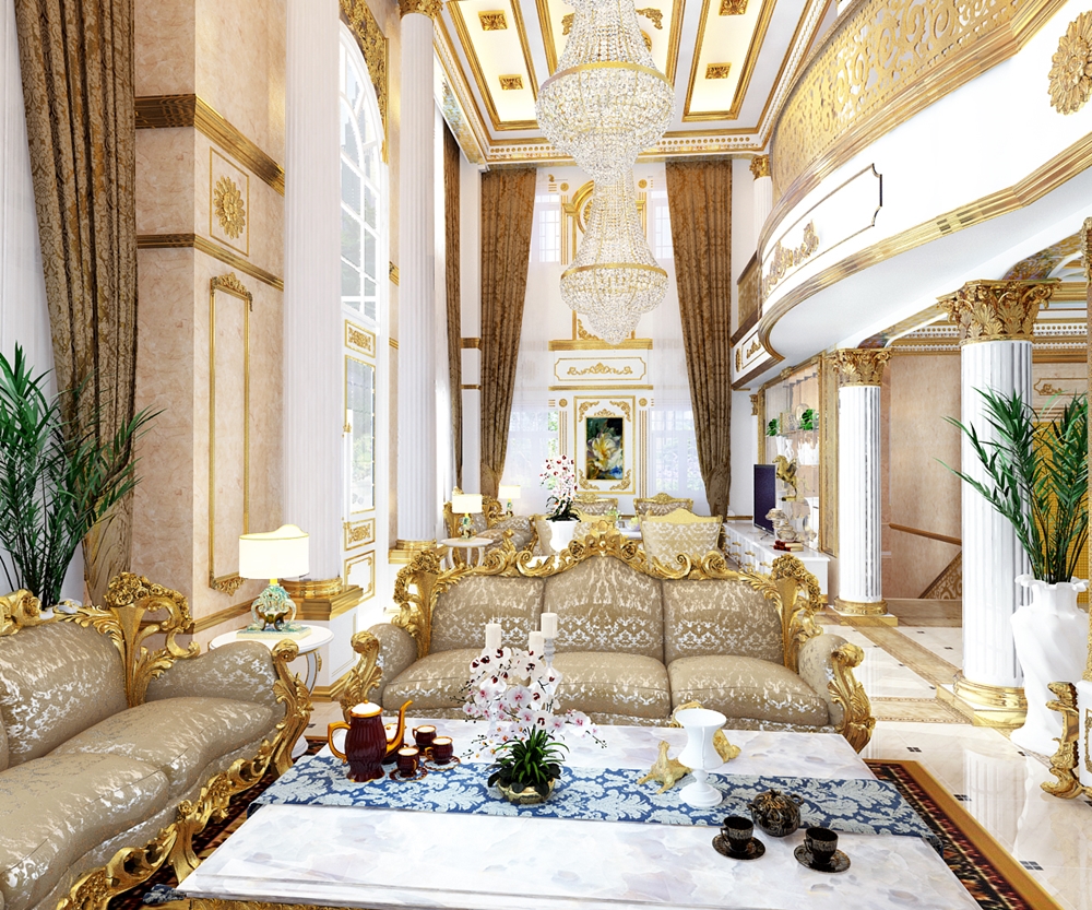 Một phòng khách sang trọng với những chiếc ghế sofa lớn được chạm khắc tinh xảo và những chiếc đèn chùm pha lê mạ vàng hoặc cầu kỳ.  Các chi tiết hoa văn dát vàng được điểm xuyết khắp biệt thự.