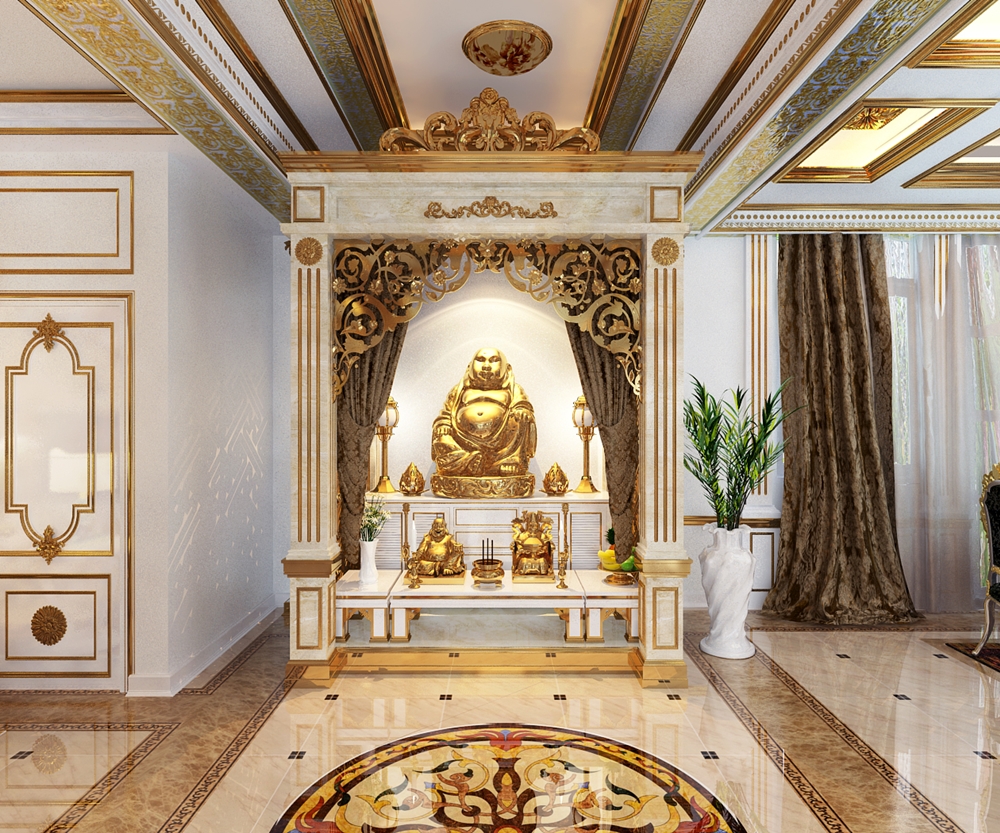 Là một gia đình kinh doanh, đại gia Phương Hằng chú trọng đến yếu tố thờ cúng và tâm linh nên khu thờ cúng được bố trí ở một góc riêng với tượng và đồ thờ mạ vàng.