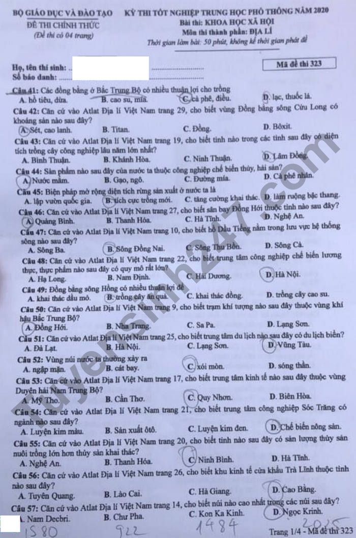 Đề môn Địa lý thi tốt nghiệp THPT Quốc gia năm 2021 mã đề 305