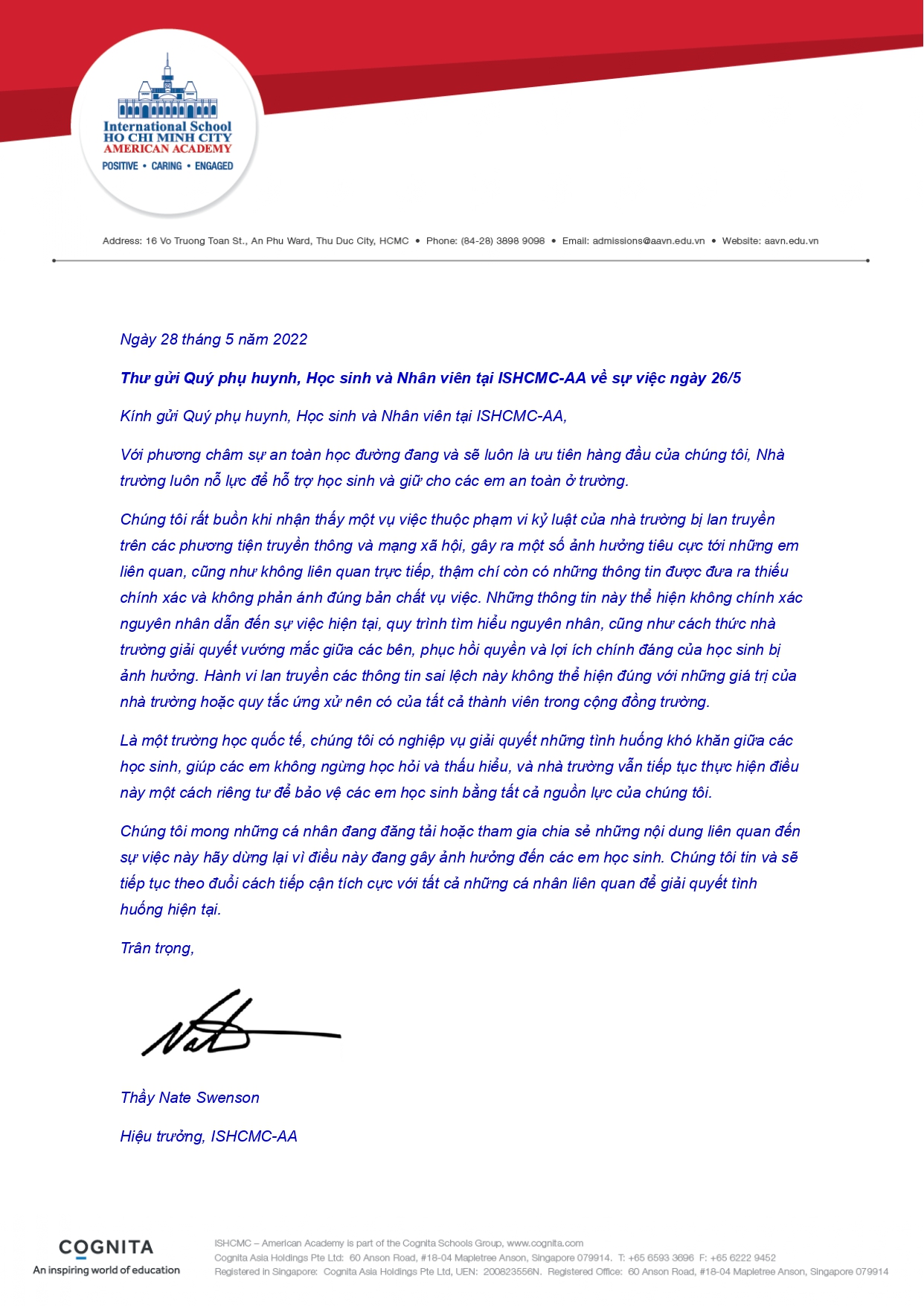 Trường quốc tế ISHCMC đưa ra thông cáo chính thức về vụ phụ huynh tố con bị đánh - Ảnh 1