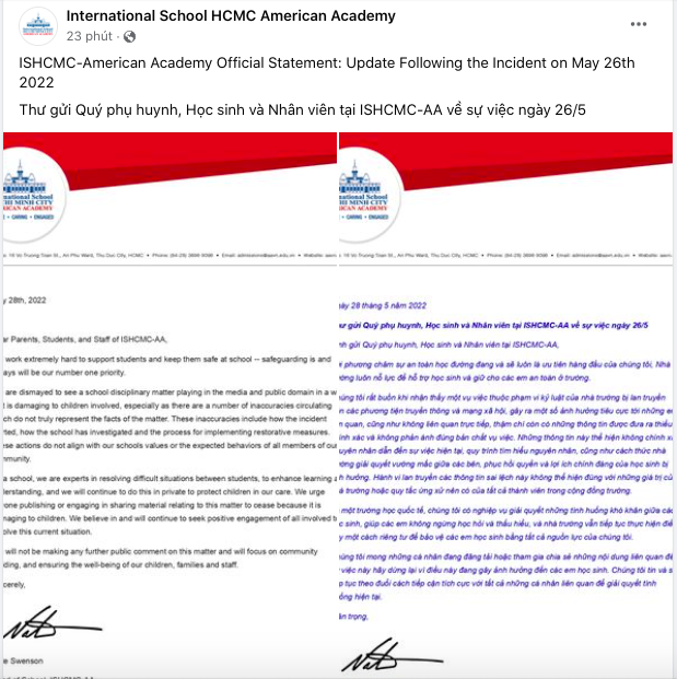 Trường quốc tế ISHCMC đưa ra thông cáo chính thức về vụ phụ huynh tố con bị đánh - Ảnh 1
