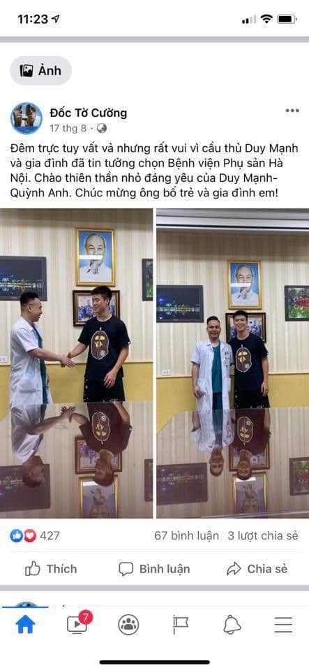 Bác sĩ đỡ đẻ cho Quỳnh Anh khoe ảnh chúc mừng Duy Mạnh lên chức bố trên trang cá nhân.