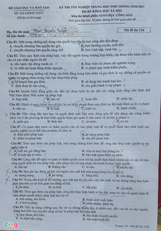 Đáp án đề thi môn GDCD mã đề 310 THPT Quốc gia lần 1 năm 2021 - Ảnh 2