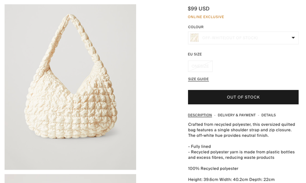 Chiếc túi Jennie sử dụng được bán trên website của hãng với giá 99$ (gần 2 triệu đồng).