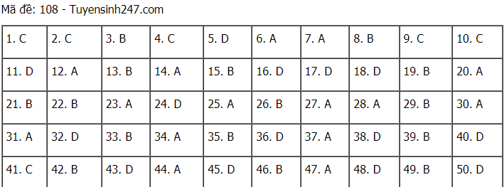 Đáp án đề thi môn Toán mã đề 108 THPT Quốc gia lần 1 năm 2021.