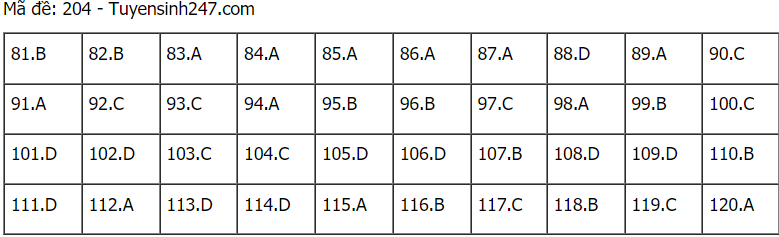 Đáp án đề thi môn Sinh học mã đề 204 THPT Quốc gia lần 1 năm 2021.