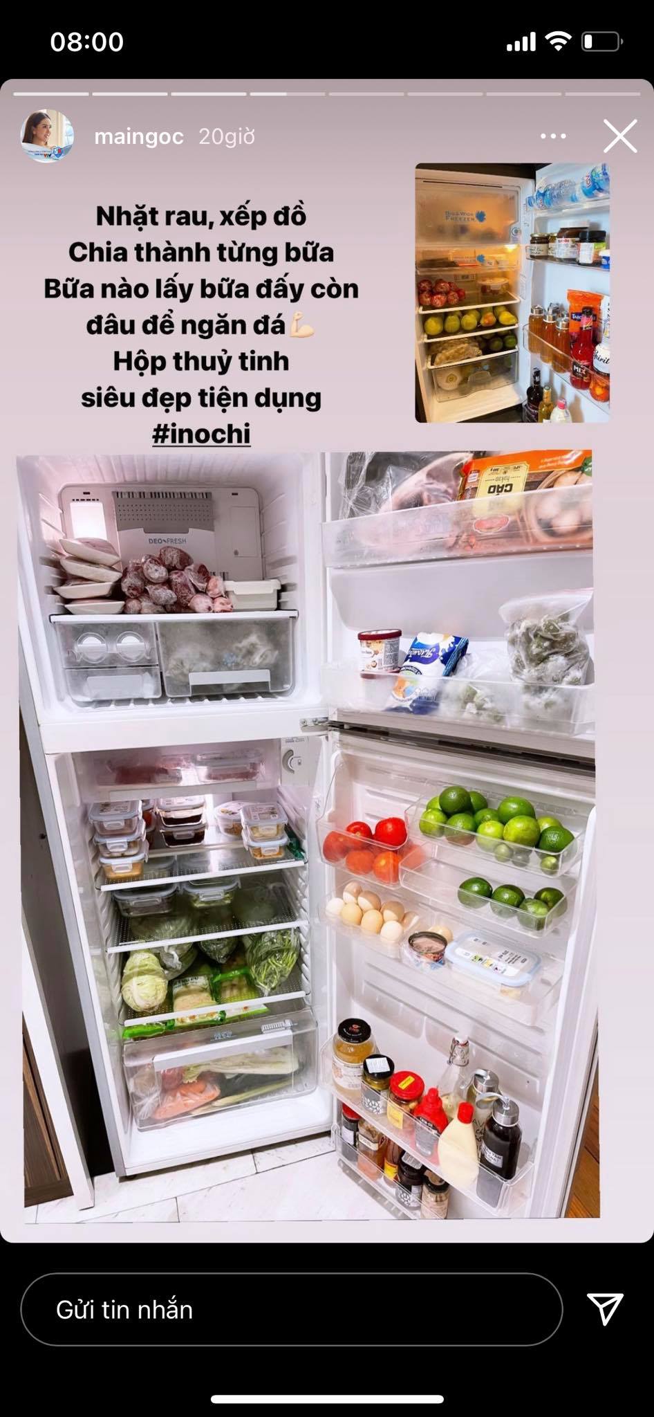 Chiếc tủ lạnh đầy đồ được MC Mai Ngọc sắp xếp đâu vào đấy.