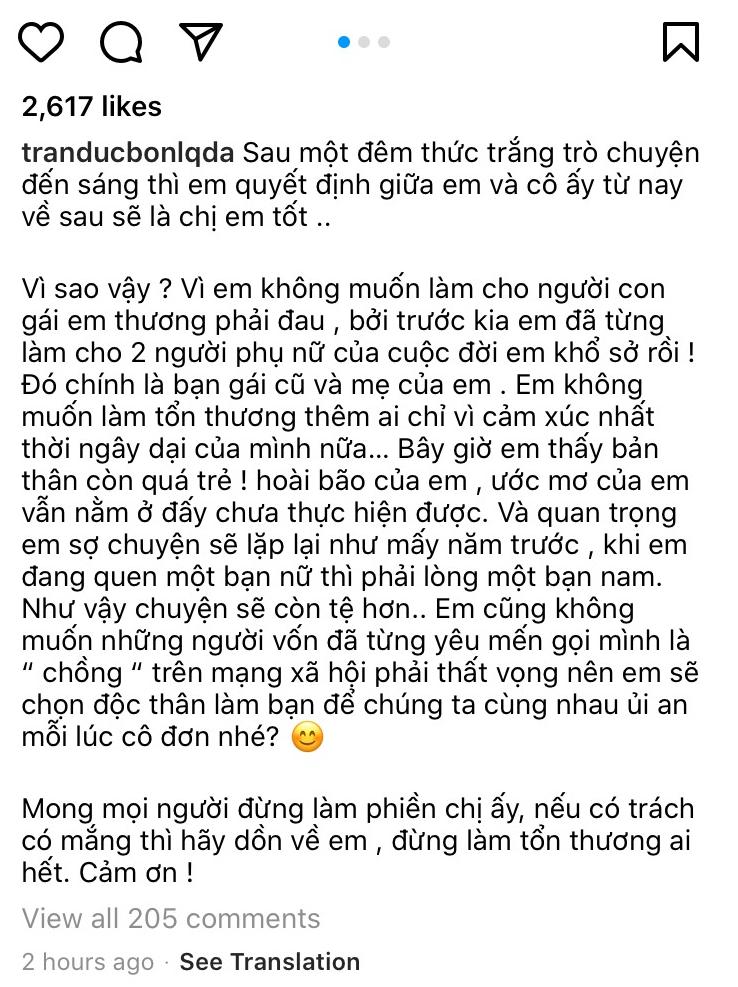 Bài viết dài của Trần Đức Bo về mối quan hệ tình cảm của mình.