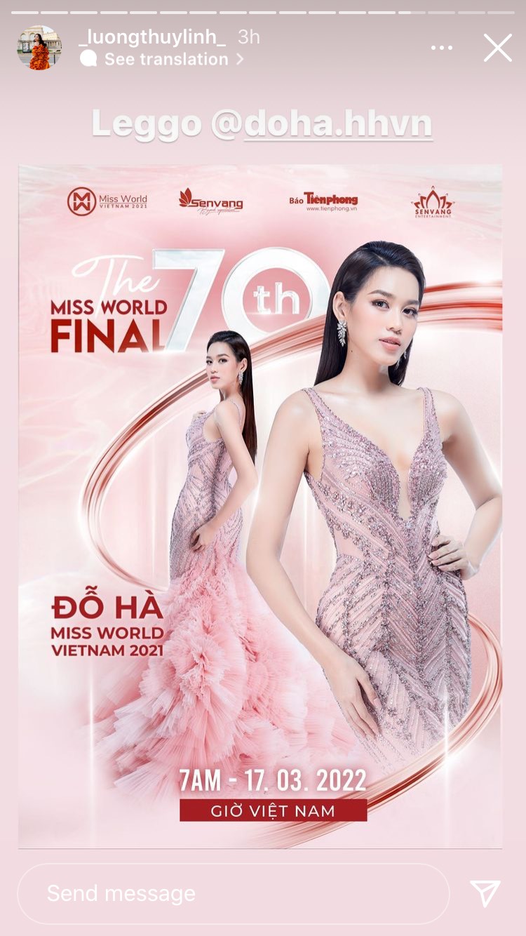 Lương Thùy Linh ủng hộ Đỗ Thị Hà trước thềm chung kết Miss World 2021.