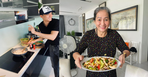 Cuối tuần Quốc Trường mặc đồ kín mít vào bếp, chỉ cần mẹ khen đẹp là được