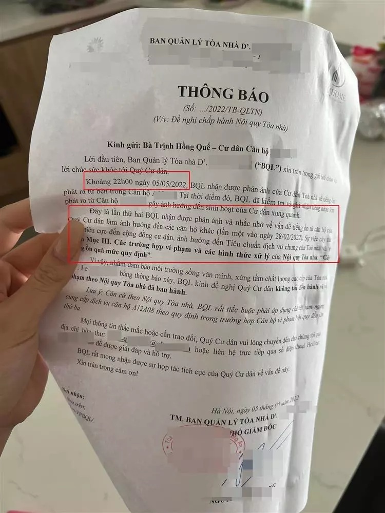 Cựu người mẫu Hồng Quế bị gửi thư nhắc nhở vì làm ồn hàng xóm.