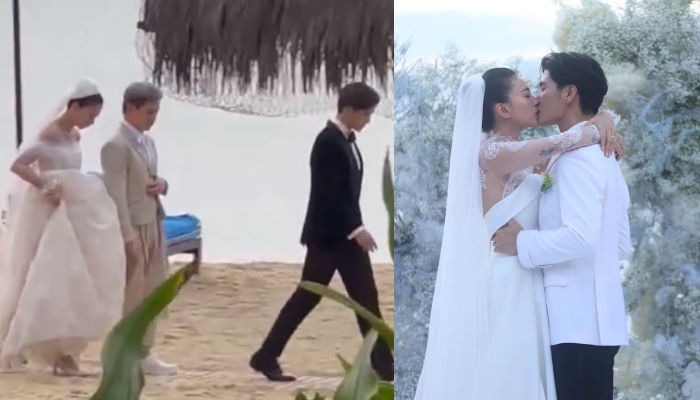 Huy Trần vô tư lướt phăng phăng đi trước để Ngô Thanh Vân nặng nề xách váy cưới theo sau