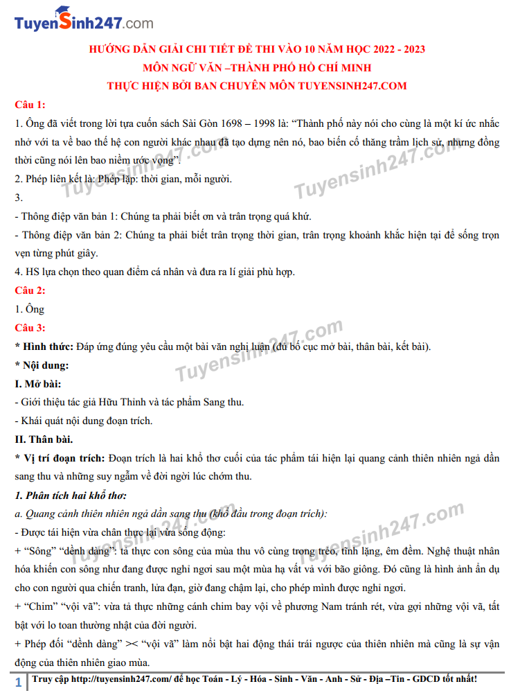 Đáp án đề thi môn Ngữ văn thi vào lớp 10 THPT TP.HCM 2022 - Ảnh 1