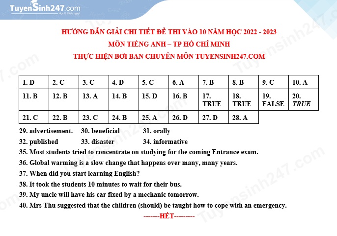 Đáp án đề thi môn Tiếng anh thi vào lớp 10 THPT TP. HCM 2022 - Ảnh 1