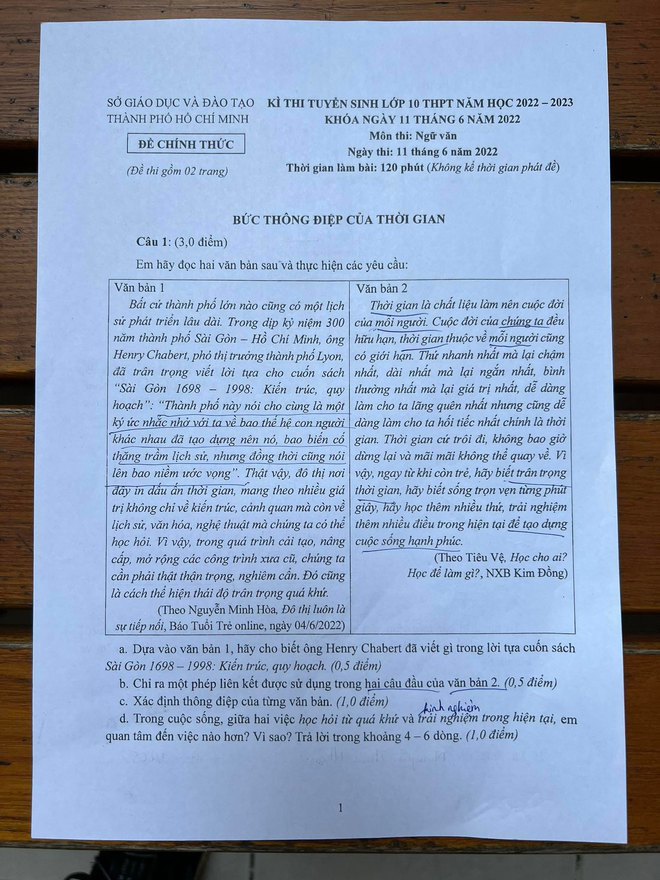 Đề thi môn Ngữ văn kỳ thi vào lớp 10 THPT TP. HCM 2022 - Ảnh 1