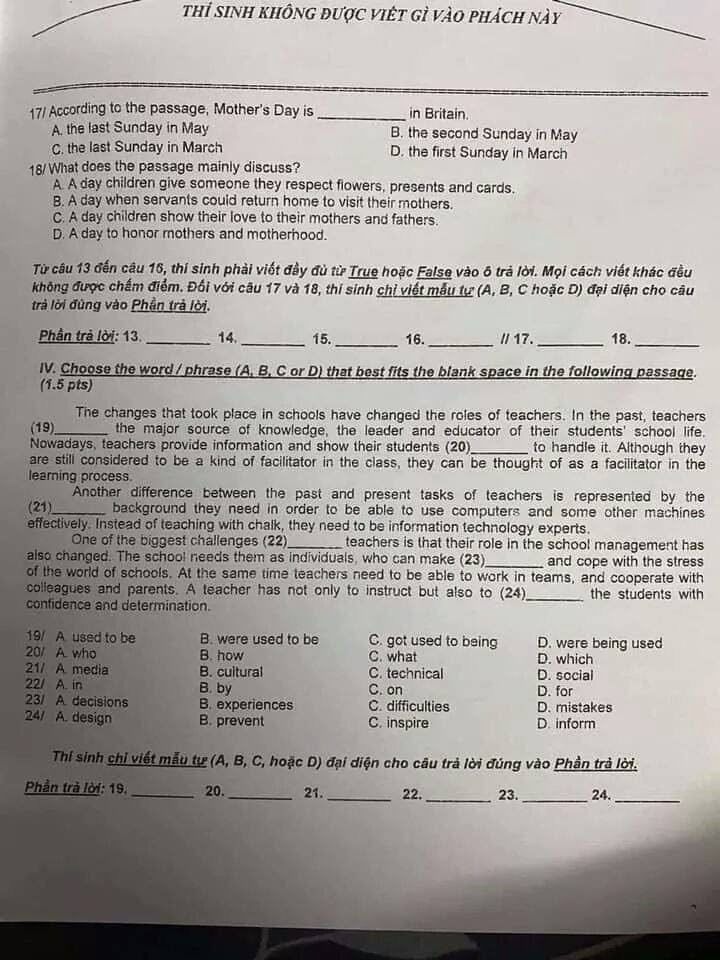 Đề thi môn Tiếng anh kỳ thi vào lớp 10 THPT TP.HCM 2022 - Ảnh 1