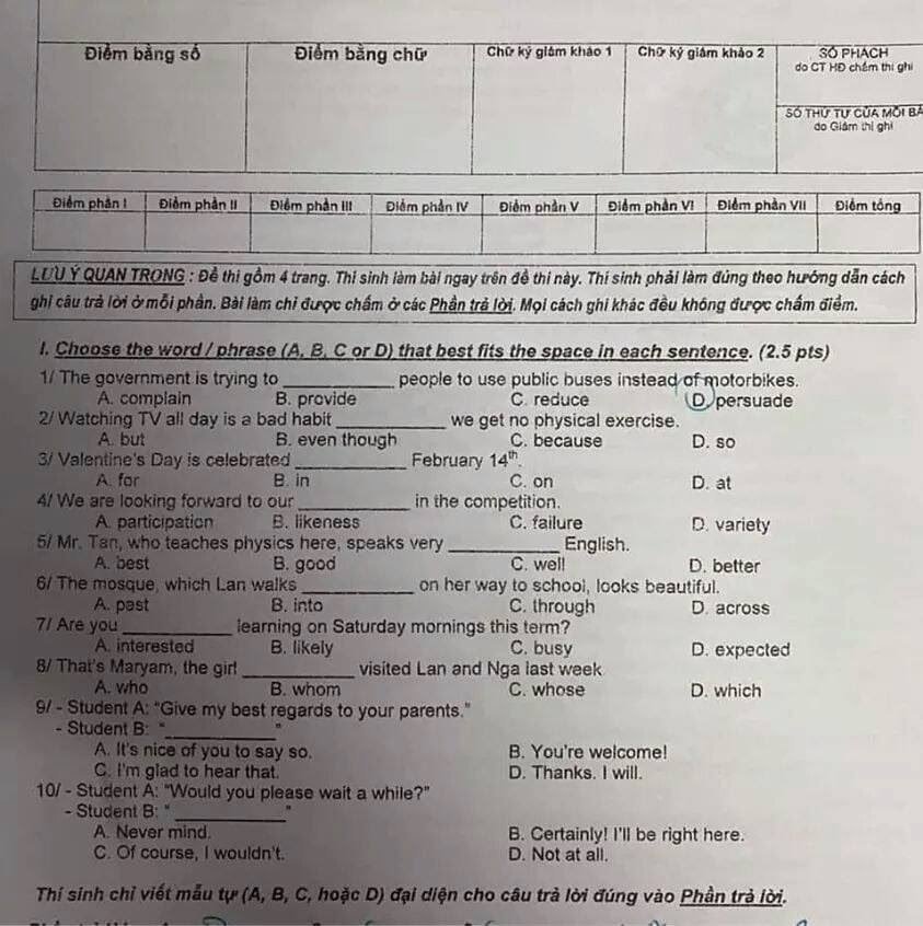 Đề thi môn Tiếng anh kỳ thi vào lớp 10 THPT TP.HCM 2022 - Ảnh 1